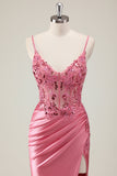Sparkly Coral Mermaid Sequins Corset Long Prom Dress with Slit