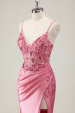Sparkly Coral Mermaid Sequins Corset Long Prom Dress with Slit