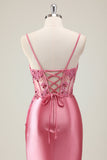 Sparkly Coral Mermaid Sequins Corset Long Prom Dress with Slit
