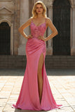 Mermaid Satin Sequined Corset Coral Long Prom Dress with Slit