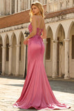 Mermaid Satin Sequined Corset Coral Long Prom Dress with Slit