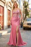 Mermaid Coral Satin Sequin Corset Coral Plus Size Long Prom Dress with Slit
