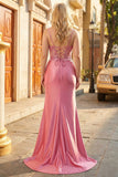 Mermaid Coral Satin Sequin Corset Coral Plus Size Long Prom Dress with Slit