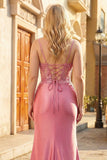 Mermaid Coral Satin Sequin Corset Coral Plus Size Long Prom Dress with Slit