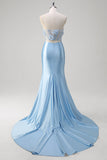 Blue Mermaid Strapless Corset Floral Long Prom Dress With Slit