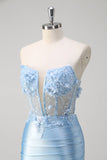 Blue Mermaid Strapless Corset Floral Long Prom Dress With Slit