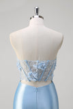Blue Mermaid Strapless Corset Floral Long Prom Dress With Slit