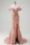 Blush Mermaid Off the Shoulder 3D Flowers Long Prom Dress With Slit