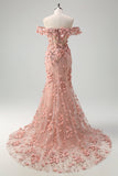 Blush Mermaid Off the Shoulder 3D Flowers Long Prom Dress With Slit
