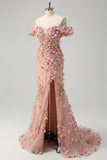 Blush Mermaid Off the Shoulder 3D Flowers Long Prom Dress With Slit