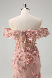 Blush Mermaid Off the Shoulder 3D Flowers Long Prom Dress With Slit