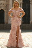 Blush Mermaid Off the Shoulder 3D Flowers Plus Size Long Prom Dress With Slit