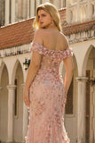 Blush Mermaid Off the Shoulder 3D Flowers Plus Size Long Prom Dress With Slit