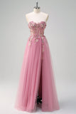 Taro Purple Strapless A-Line 3D Flower Corset Long Prom Dress with Slit