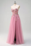Taro Purple Strapless A-Line 3D Flower Corset Long Prom Dress with Slit