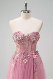 Taro Purple Strapless A-Line 3D Flower Corset Long Prom Dress with Slit