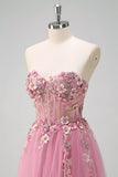 Taro Purple Strapless A-Line 3D Flower Corset Long Prom Dress with Slit