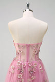 Taro Purple Strapless A-Line 3D Flower Corset Long Prom Dress with Slit