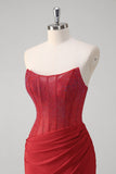 Sparkly Red Strapless Mermaid Corset Long Prom Dress With Slit