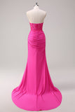 Dark Green Mermaid Strapless Ruched Corset Long Prom Dress with Slit