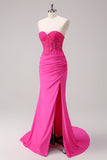 Dark Green Mermaid Strapless Ruched Corset Long Prom Dress with Slit