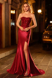 Sparkly Burgundy Mermaid Strapless Beaded Prom Dress