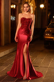 Sparkly Burgundy Mermaid Strapless Beaded Prom Dress