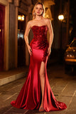 Burgundy Mermaid Strapless Sequin Beaded Long Prom Dress with Slit