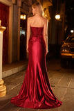Burgundy Mermaid Strapless Sequin Beaded Long Prom Dress with Slit