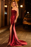 Sparkly Burgundy Mermaid Strapless Beaded Prom Dress