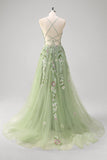 Green A line Spaghetti Straps Tulle Floral Corset Long Prom Dress With Slit