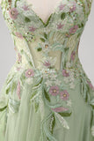 Green A line Spaghetti Straps Tulle Floral Corset Long Prom Dress With Slit
