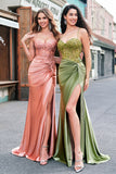 Royal Blue Mermaid Spaghetti Straps Ruched Appliqued Prom Dress with Slit