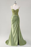 Sparkly Army Green Mermaid Ruched Corset Long Prom Dress with Slit