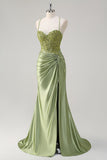 Sparkly Army Green Mermaid Ruched Corset Long Prom Dress with Slit