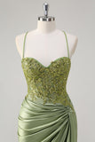 Sparkly Army Green Mermaid Ruched Corset Long Prom Dress with Slit