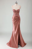 Sparkly Army Green Mermaid Ruched Corset Long Prom Dress with Slit
