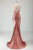 Sparkly Army Green Mermaid Ruched Corset Long Prom Dress with Slit
