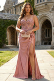 Dusty Rose Sequin Mermaid Ruched Satin Long Plus Size Prom Dress with Slit