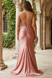 Dusty Rose Sequin Mermaid Ruched Satin Long Plus Size Prom Dress with Slit