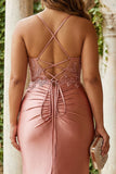Dusty Rose Sequin Mermaid Ruched Satin Long Plus Size Prom Dress with Slit