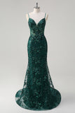 Sparkly Dark Green Mermaid Corset Tulle Sequin Long Prom Dress