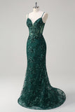 Sparkly Dark Green Mermaid Corset Tulle Sequin Long Prom Dress