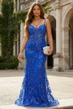 Royal Blue Mermaid Corset Sequin Appliqued Plus Size Long Prom Dress