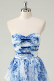 White Blue Flower A Line Strapless Tiered Tulle Long Prom Dress with Bows