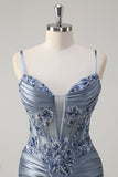 Grey Blue Corset Appliqued Mermaid Long Prom Dress