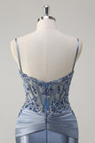 Grey Blue Corset Appliqued Mermaid Long Prom Dress