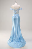 Sky Blue Mermaid Off The Shoulder Corset Long Prom Dress with 3D Flowers