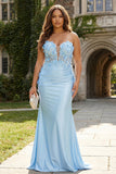Mermaid Sky Blue Sweetheart Corset Satin Ruched Plus Size Long Prom Dress with 3D Flowers
