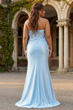 Mermaid Sky Blue Sweetheart Corset Satin Ruched Plus Size Long Prom Dress with 3D Flowers